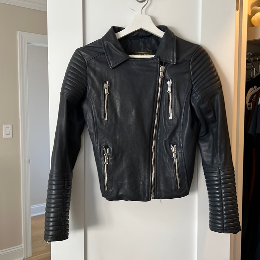 Navy blue Italian leather Moto jacket